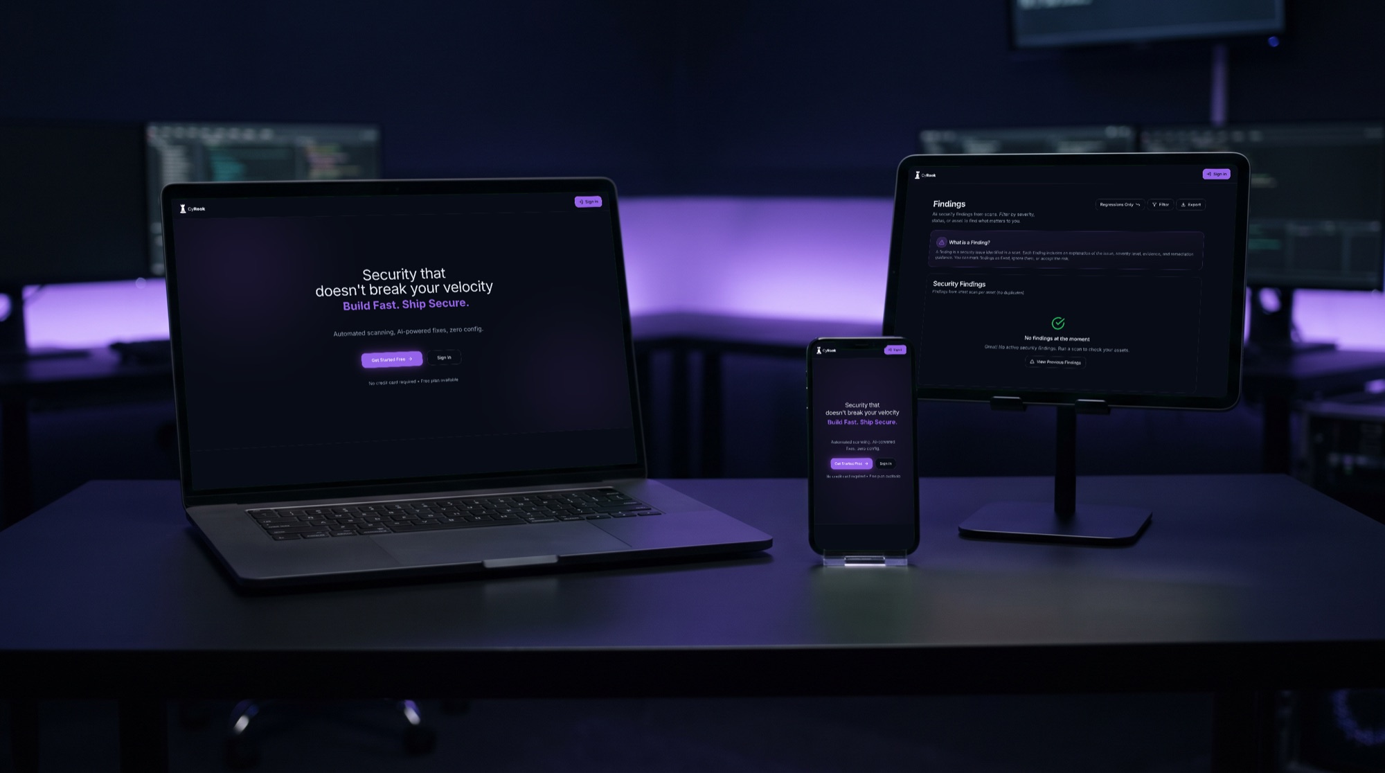 CyRook - The product on a laptop, a tablet and a phone - real screens from the live product