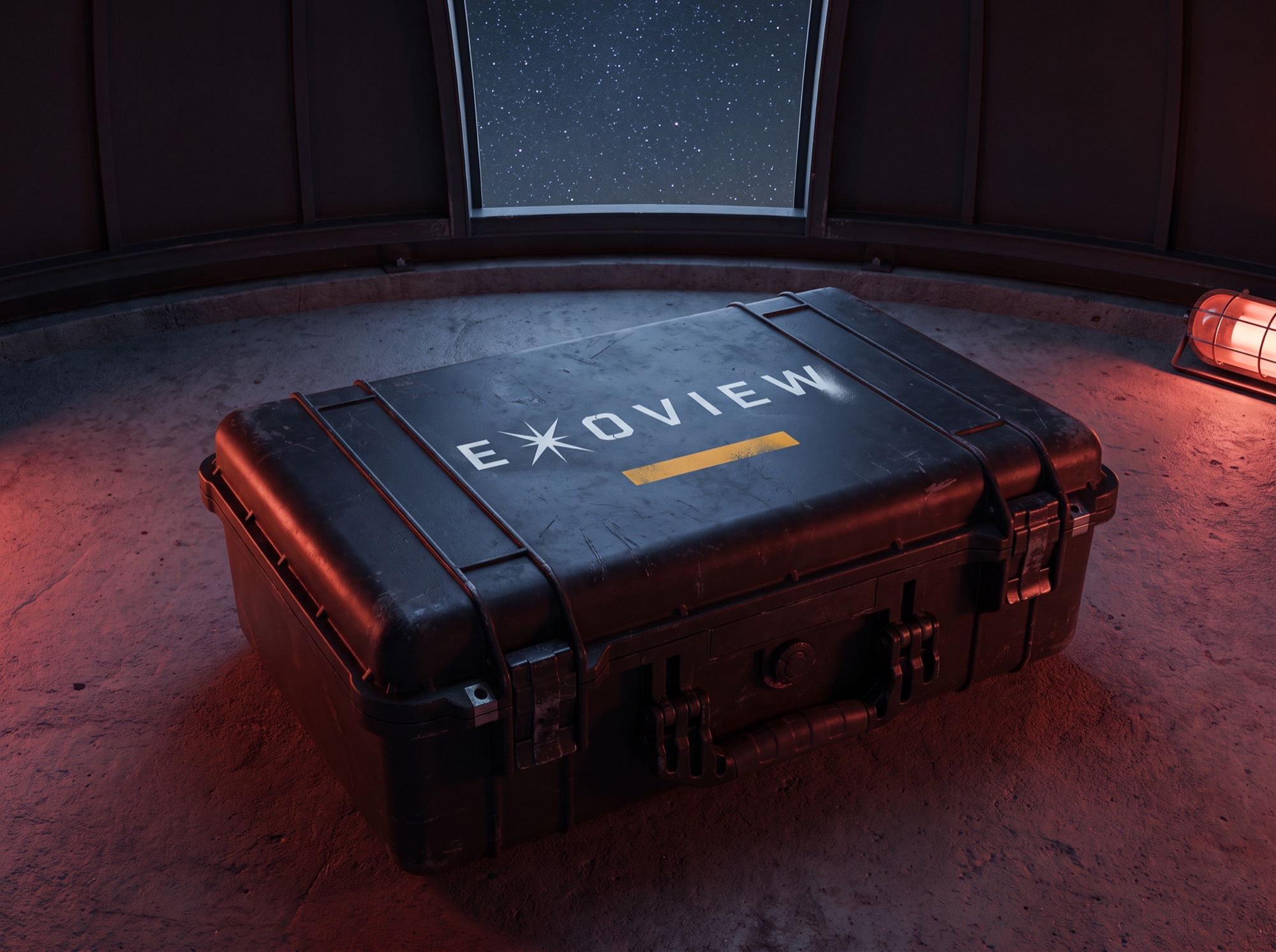 Exo-View stencilled equipment case in an observatory