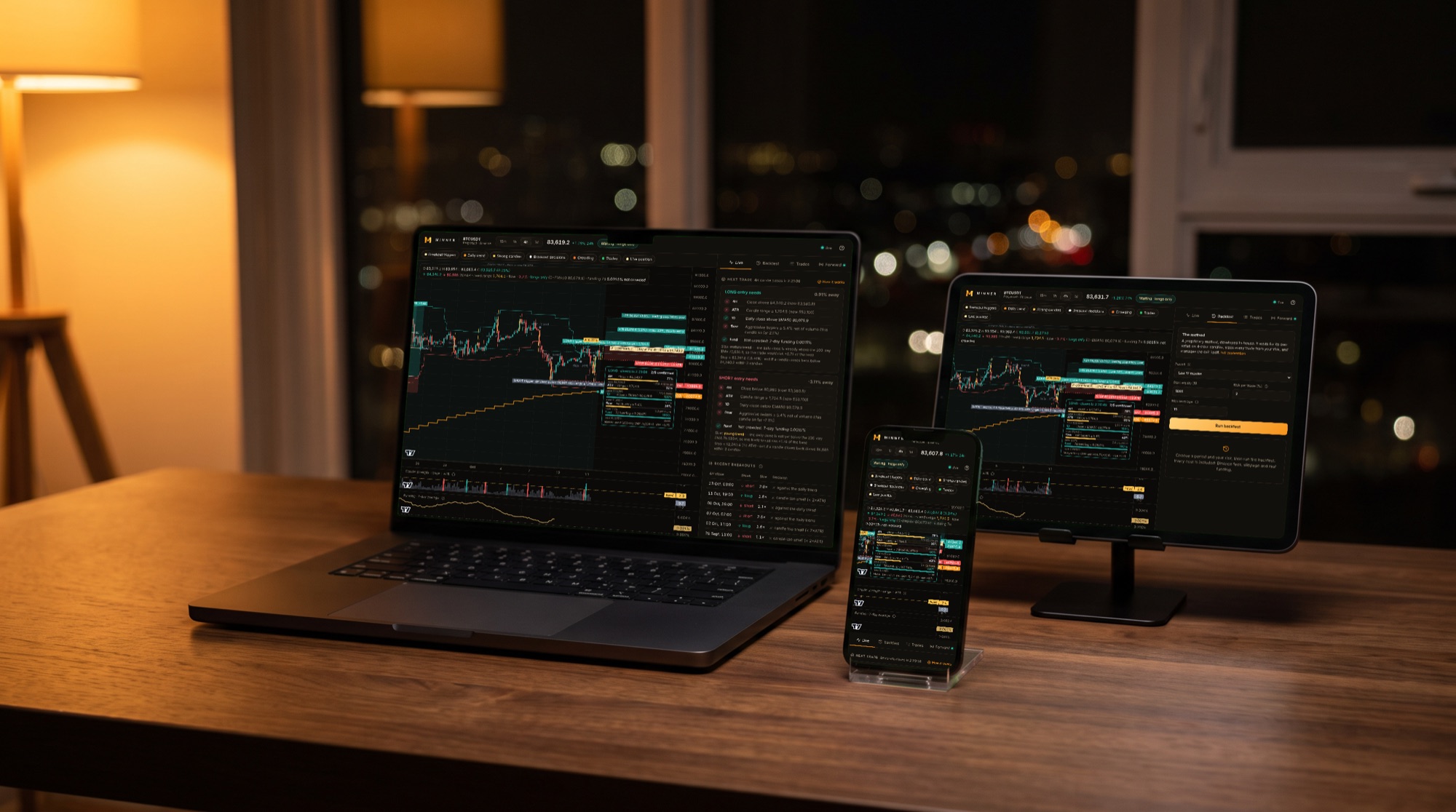 Minner - The product on a laptop, a tablet and a phone - real screens from the live product