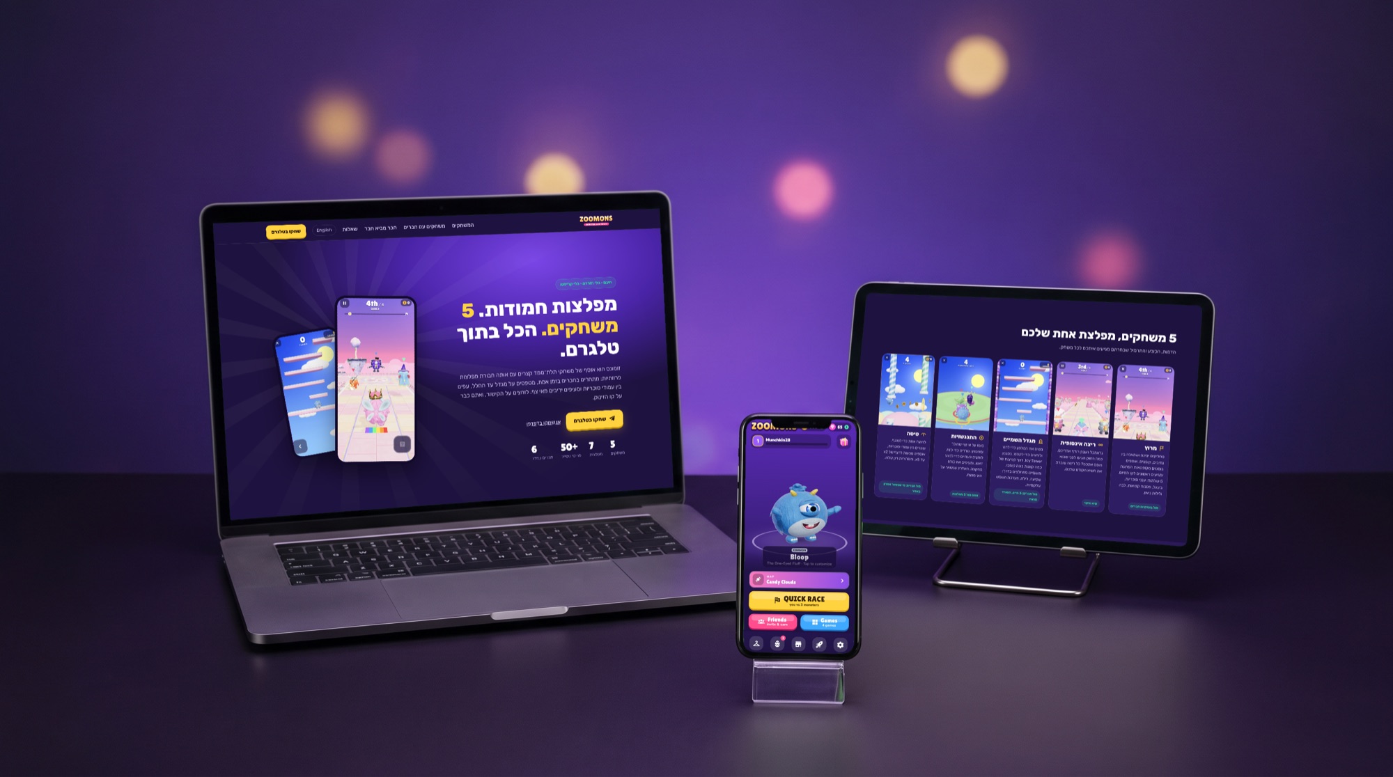 Zoomons - The product on a laptop, a tablet and a phone - real screens from the live product