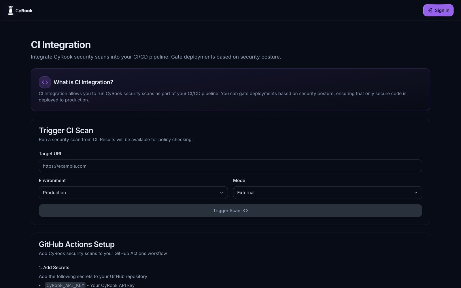 CyRook CI integration screen